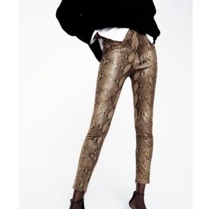 Zara Snakeskin Animal Print High Rise Tan & Brown Leggings With Side Zippers